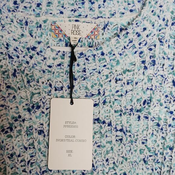 Pink Rose Ivory/ Teal Blue Chunky Knit Sweater Sz XL- NWT - Picture 8 of 15